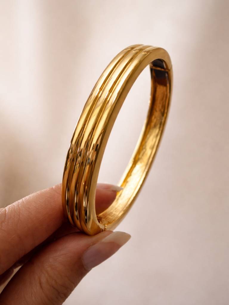 Triple Line Plain Gold Cuff Bracelet | Everyday Stackable Bangle : ATB685TLPC