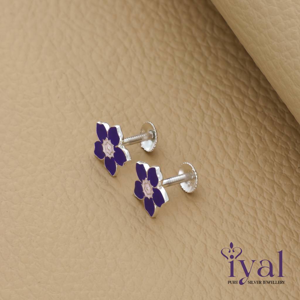 Elegant Blue Flower 925 Silver Stud For Kids (6+ Yrs) : KER-203
