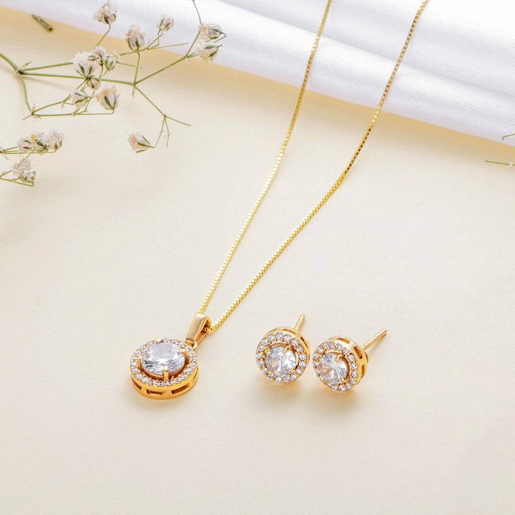 Classic Solitaire Golden Plated 925 Sterling Silver Jewellery Set : JS-70049-C