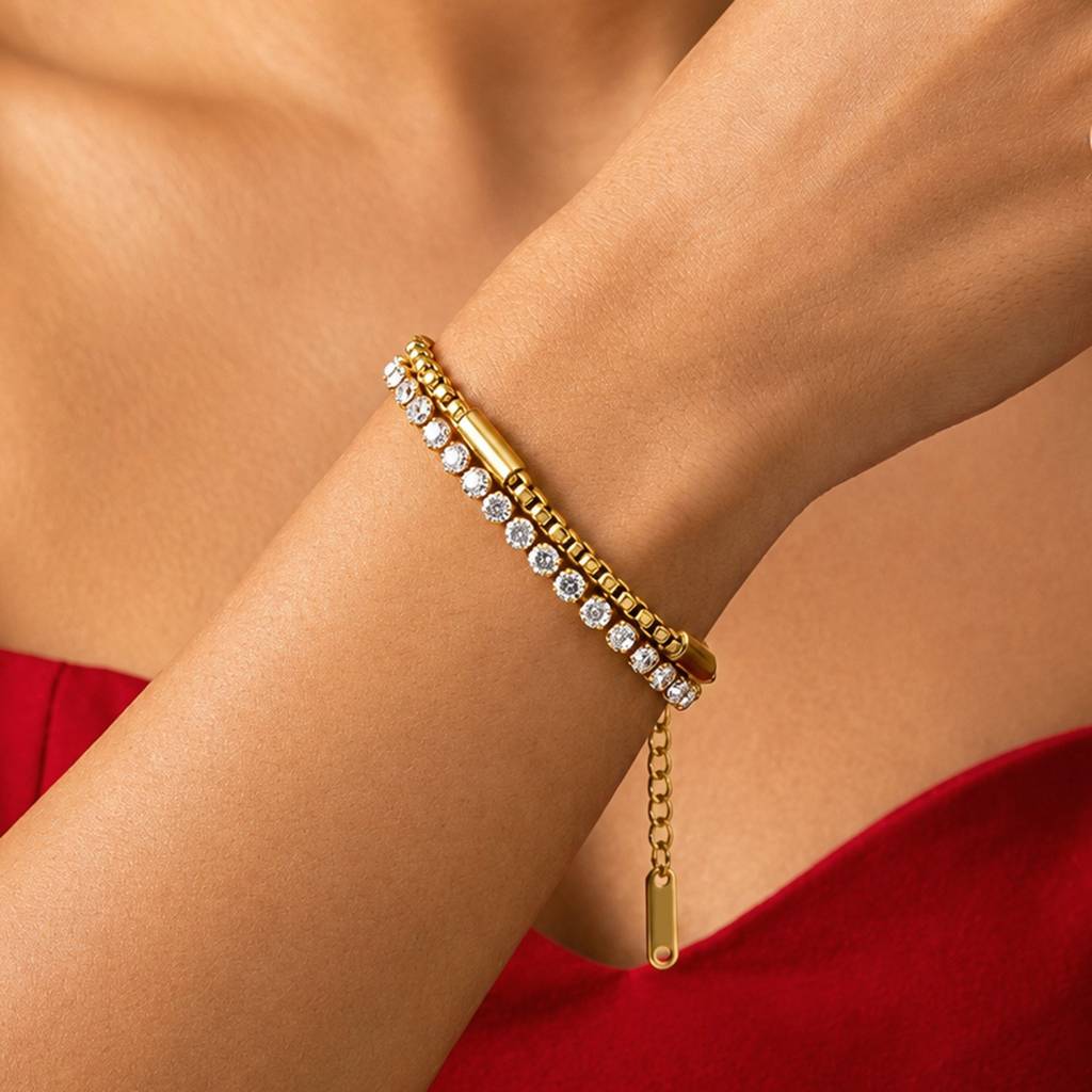 Luxury Double Row Crystal Tennis Gold-Tone Anti-Tarnish Bracelet For Women : JW-HSPS60MB2019
