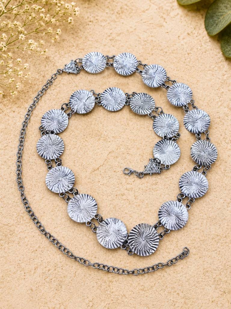 Women Oxidised Silver-Plated Textured Disc Kamarbandh Waist Belt : VI26KB10006