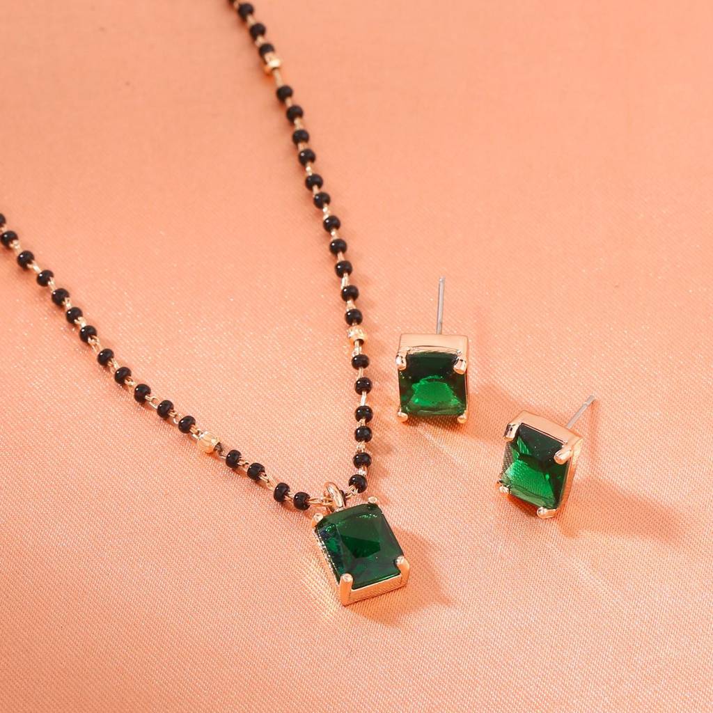 Estele Rose Gold Plated Cz Square Mangalsutra Necklace Set With Emerald Stone For Women