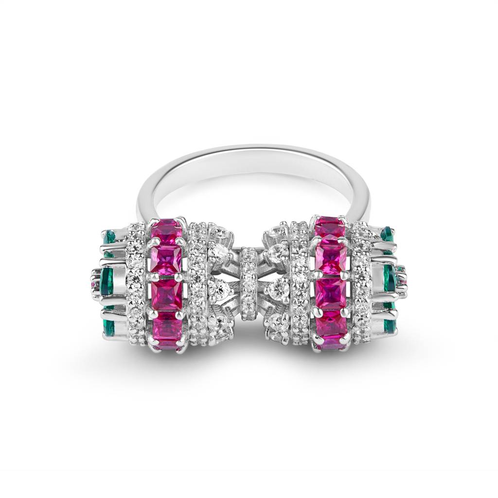 Silver Ruby Emerald Barrel Ring : R001-WH-R-13