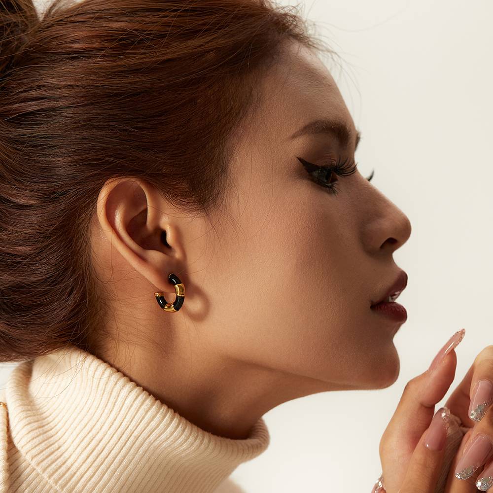 Gold Lined Black Enamel Hoops : GoldLinedBlackEnamelHoops-JD-ER-HG-22