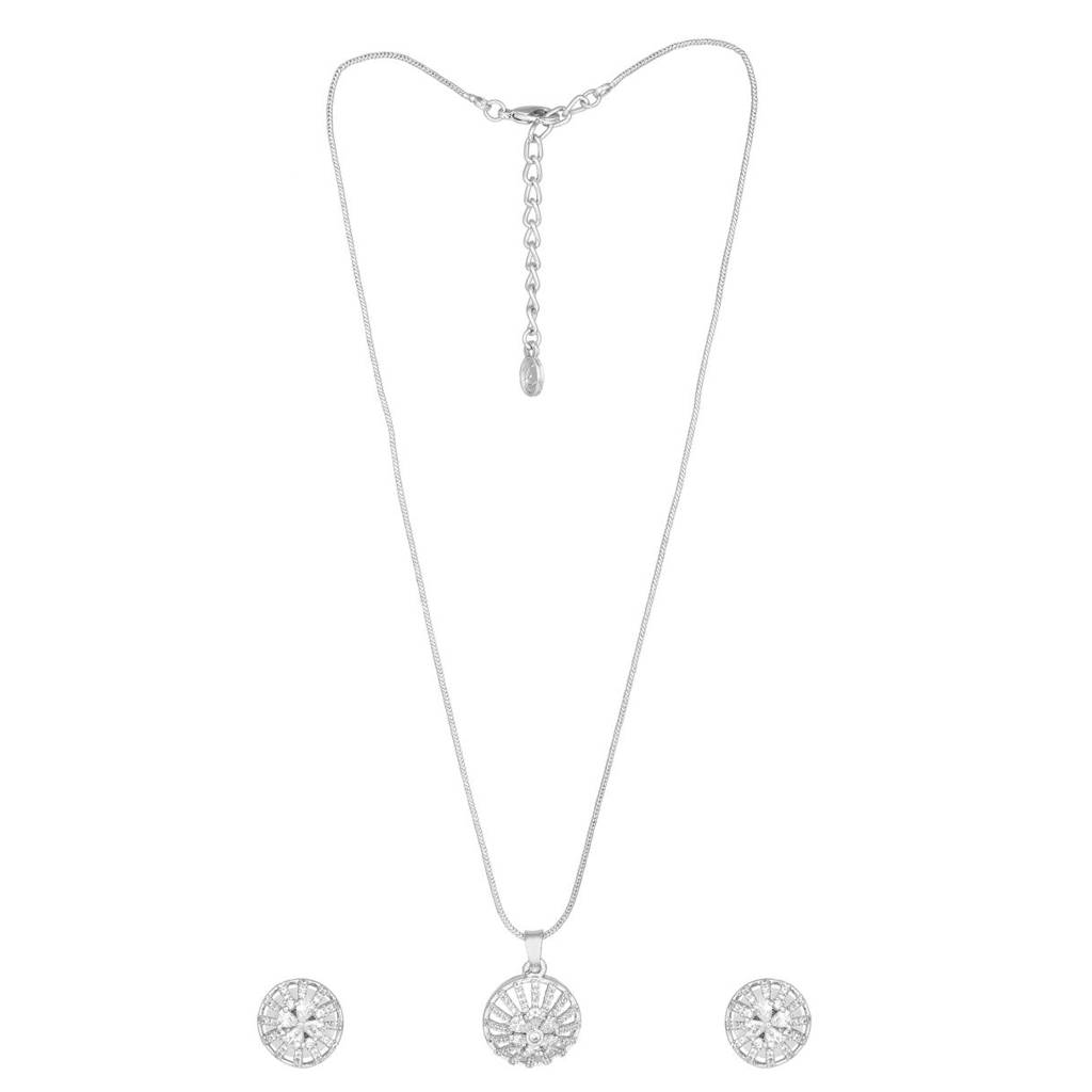 Estele Rhodium Plated Cz Flower Designer Pendant Set With White Stones For Women