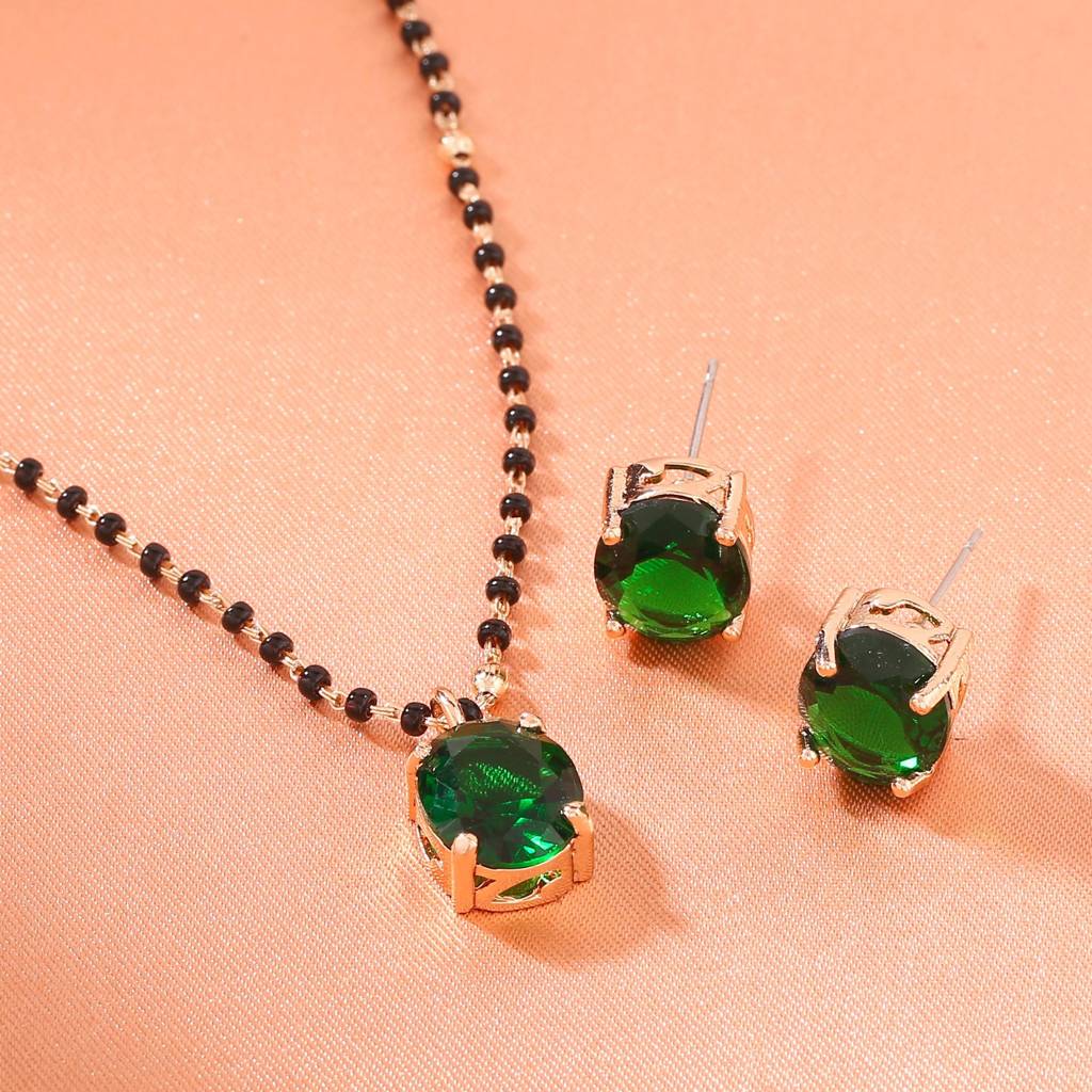 Estele Rose Gold Plated Cz Elegant Mangalsutra Necklace Set With Emerald Stones For Women