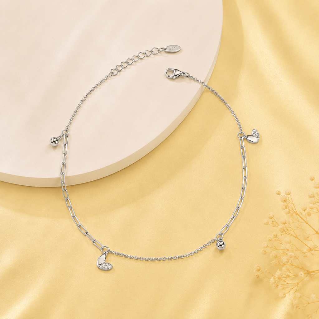 Silver Heart Charm Paperclip Anklet : AN03590
