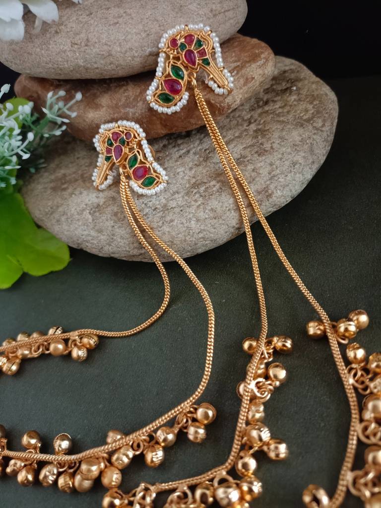 Kundan Studded & Ghungroo Beaded Tasselled Peacock Drop Meenakari Earrings : VS105310