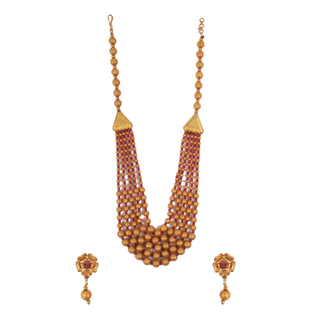 Gold Plated Multilayer Brass Mala Necklace Set With Flower Earrings : MalaMulti01