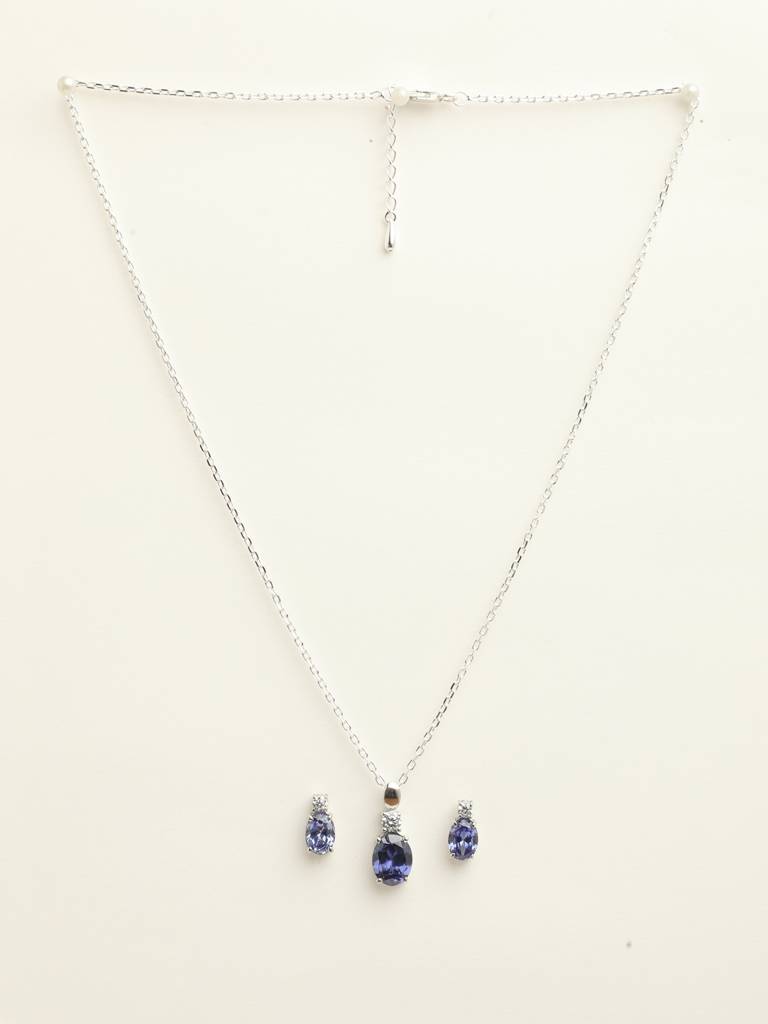 92.5 Sterling Silver Rhodium Plated Swiss Zirconia Royal Blue Oval Pendant Earring Chain Jewellery Set Gift F : CSCLRP5E5OV_BS