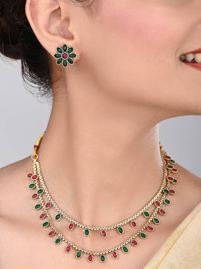 Gold Plated Delicate Double Layered Necklace Set : S24MRNKS485MLT