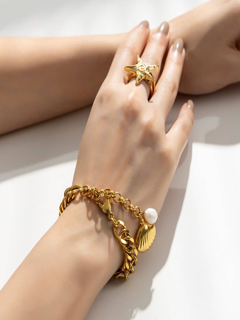 Pearl Shell Chain Bracelet 18K Gold Plated Waterproof Anti-Tarnish : AHC0925B0274