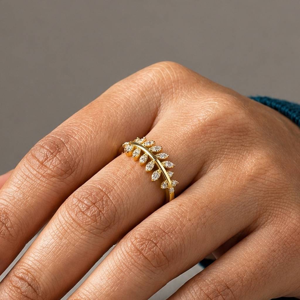 Nature-Inspired Gold Leaf Anti-Tarnish Ring For Women : HSPS60MB1842