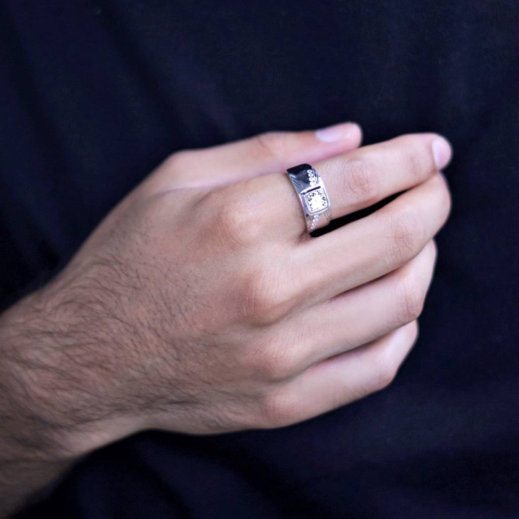 Cz Studded 925 Sterling Silver Ring For Him (Adjustable) : RNG-40078