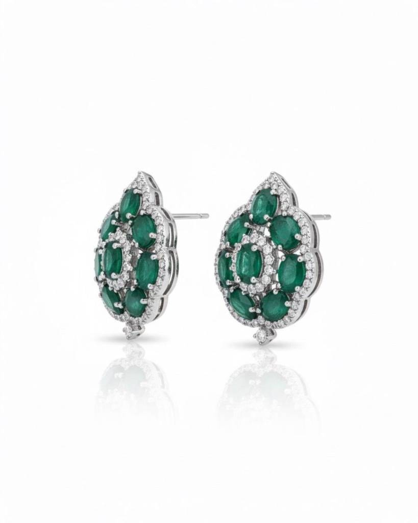 Emerald Cabochon Cluster Studs (Rhodium Finish) : sis43