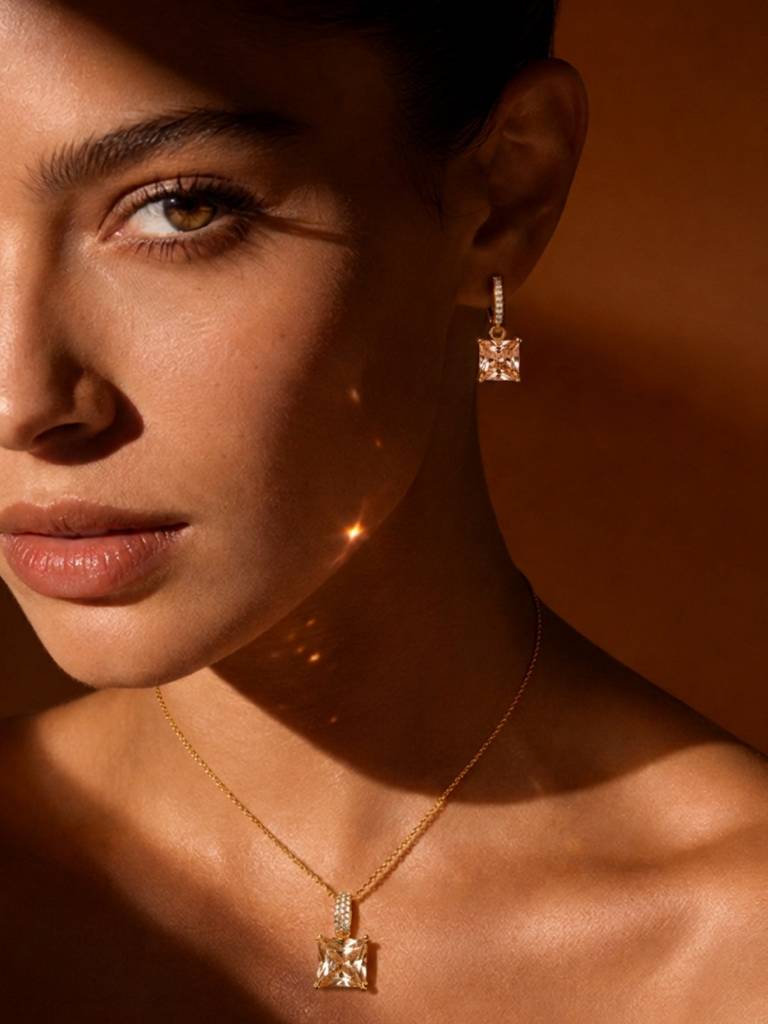 Square-Cut Pendant Necklace & Huggie Earring Set : SET1009CQSD