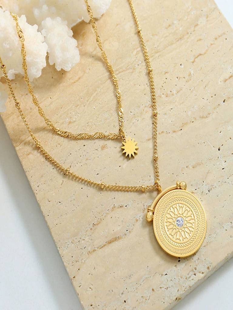 Star & Compass Pendant Layered Necklace 18K Gold Plated Anti-Tarnish Waterproof : AFC0725N43G