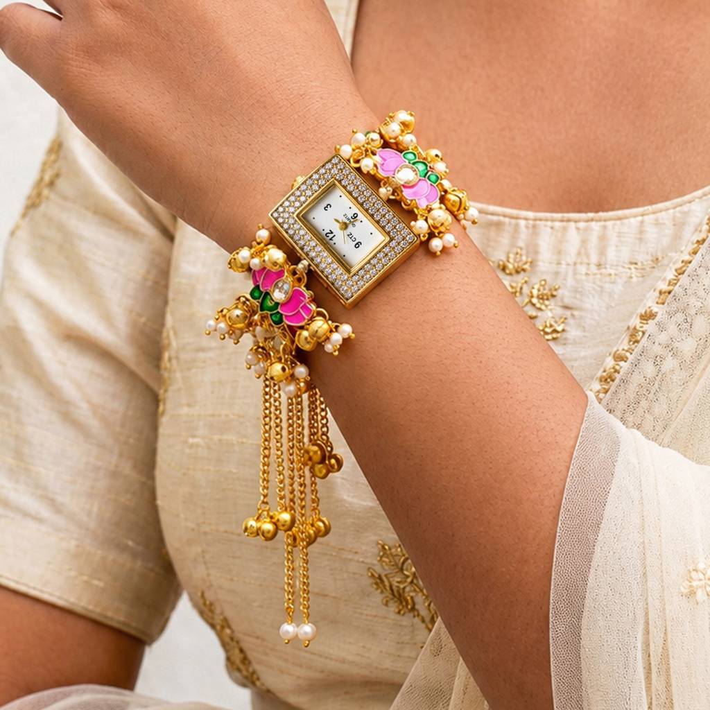 Pink & Mint Floral Bracelet Watch With Crystal Dial & Adjustable Chain : JW-HSPS60MB2258