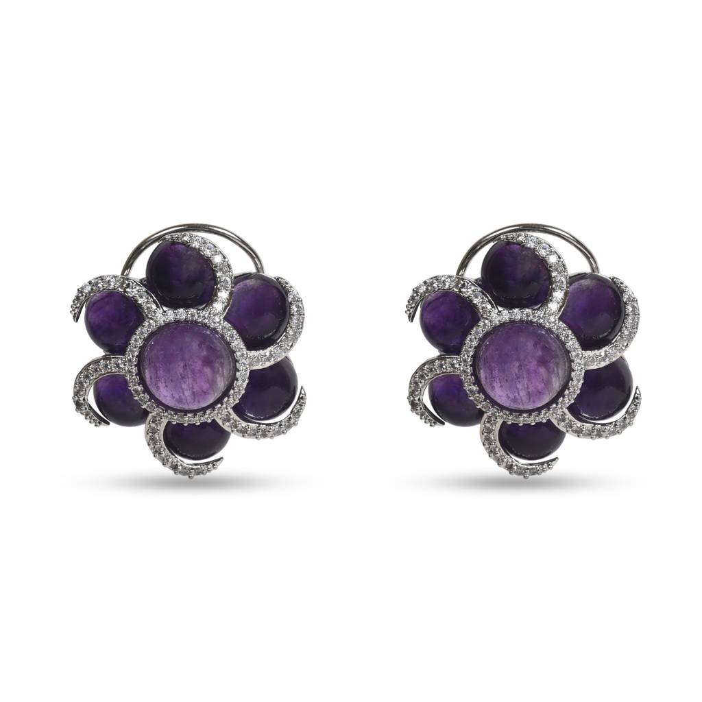 Amethyst And Zircon Flower Tops Earrings