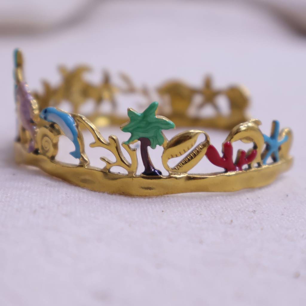 Women’S Gold Plated Tropical Theme Open Bangle | Shell, Starfish & Palm Tree Design Stainless Steel Bracelet : LJB001
