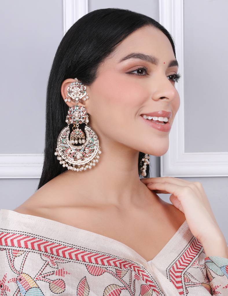 Navratan Jhumka Chaandbali Earrings With Kaanchain : ATQJ005