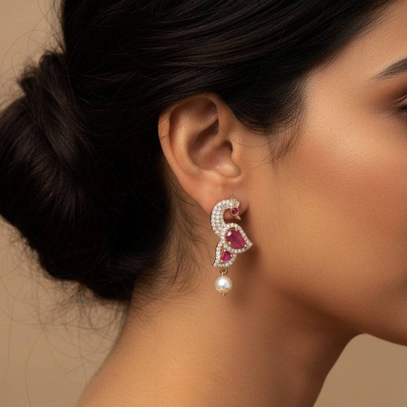 Partywear Peacock Motif Drop Earrings|Cz Ruby Rose Gold Finish With Pearl Drops For Women : AD-911RGRBEER