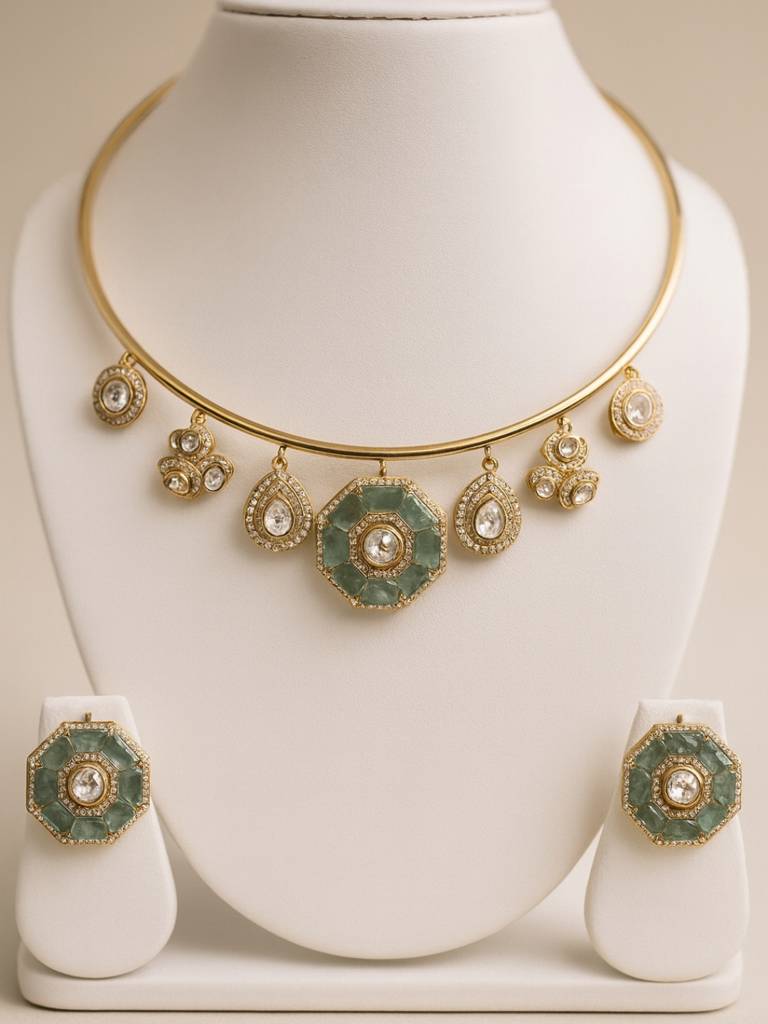 Aqua Moissanite Hansuli Necklace & Earrings Set | Gold Plated Jewelry : SET418AMS