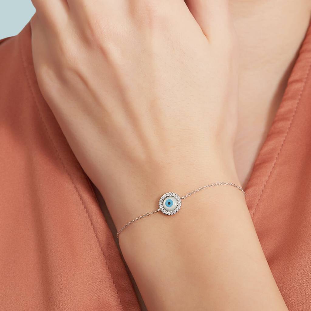 Turkish Evil Eye Cubic Zirconia 925 Silver Bracelet : BR-80087