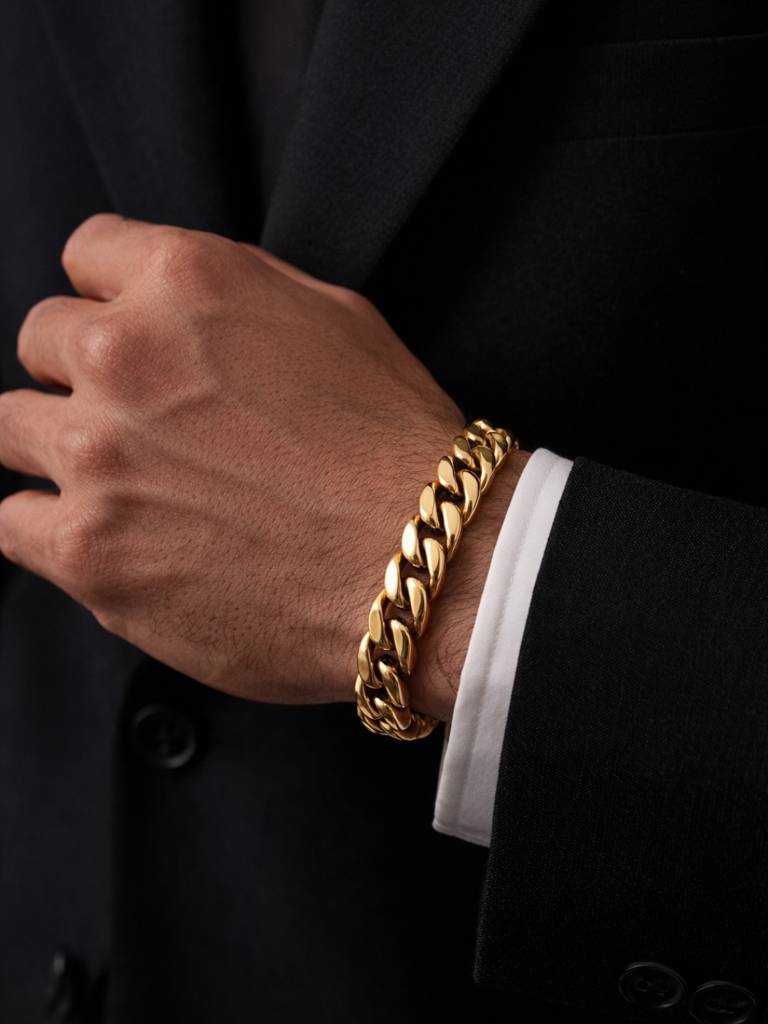 18K Gold Plated Cuban Link Bracelet For Men | Thick Stainless Steel : MATB827GCTB