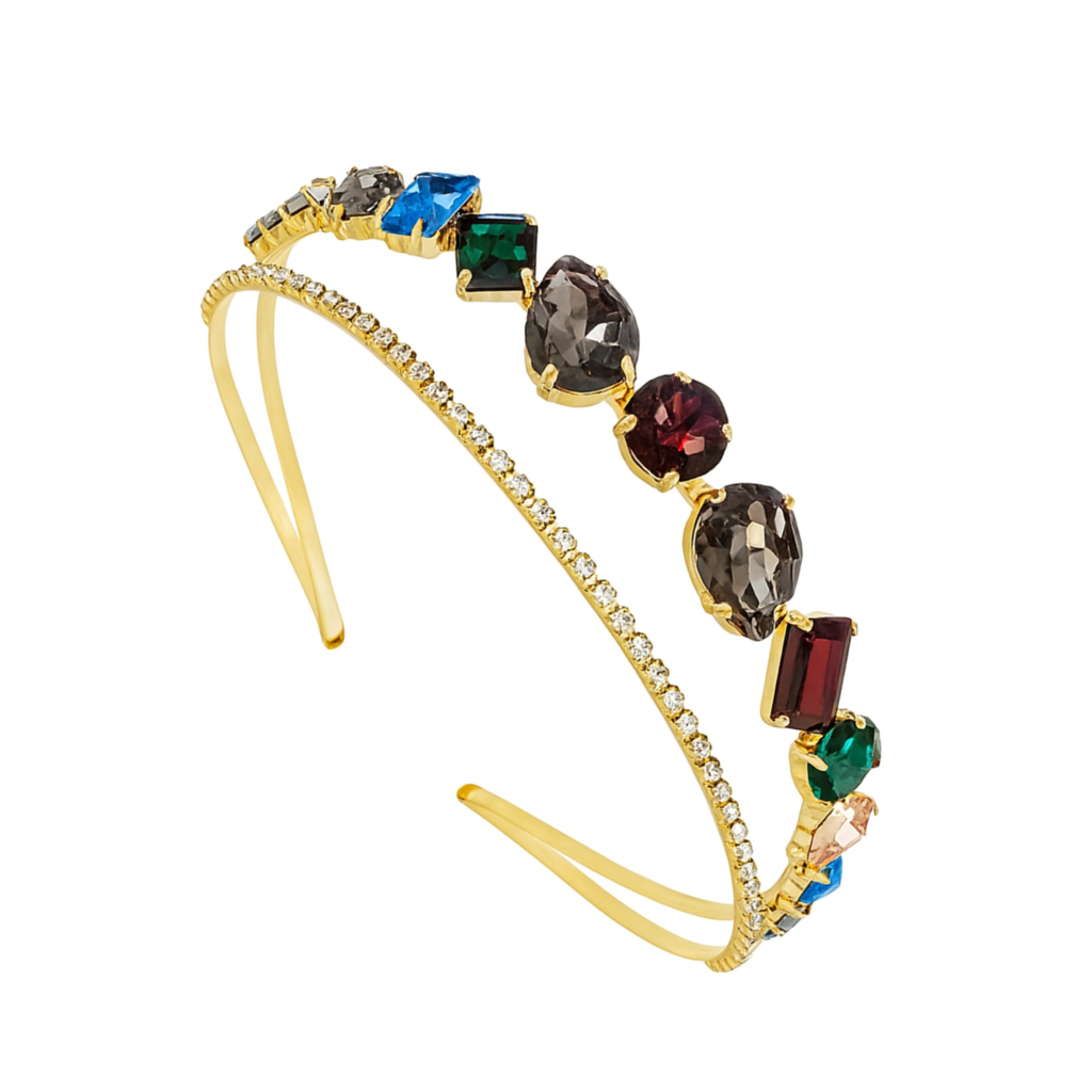 Gold Crystal Rhinestone Double Layer Hairband For Women | Elegant Wedding Party Headband With Multicolor Stones : M4SK-A3