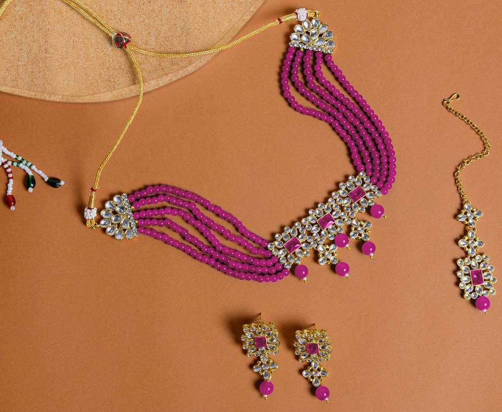 Peora Ethnic Indian Traditional Kundan Studded Necklace & Jewellery Set Gift For Women Girls : PF37N224RP