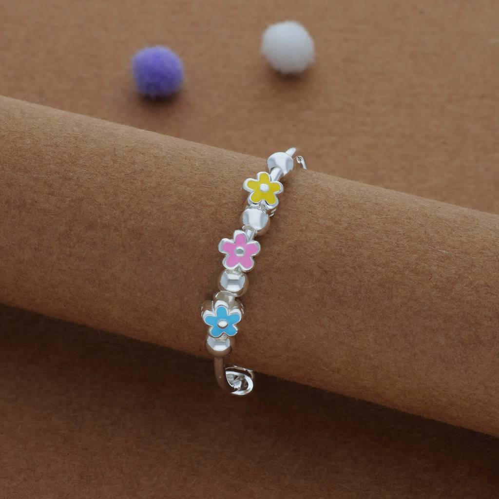 Iyal Rainbow Bloom Kid Silver Bangles (0-3 Yrs) | 999 Hallmark | Adjustable Kid Bangle | Daily Wear : KB-CC-RH-A-153-P