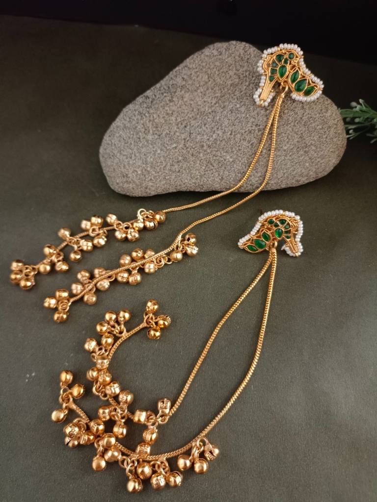 Gold-Plated Kundan Studded & Ghungroo Beaded Tasselled Peacock Kashmiri Drop Earrings : VS105308