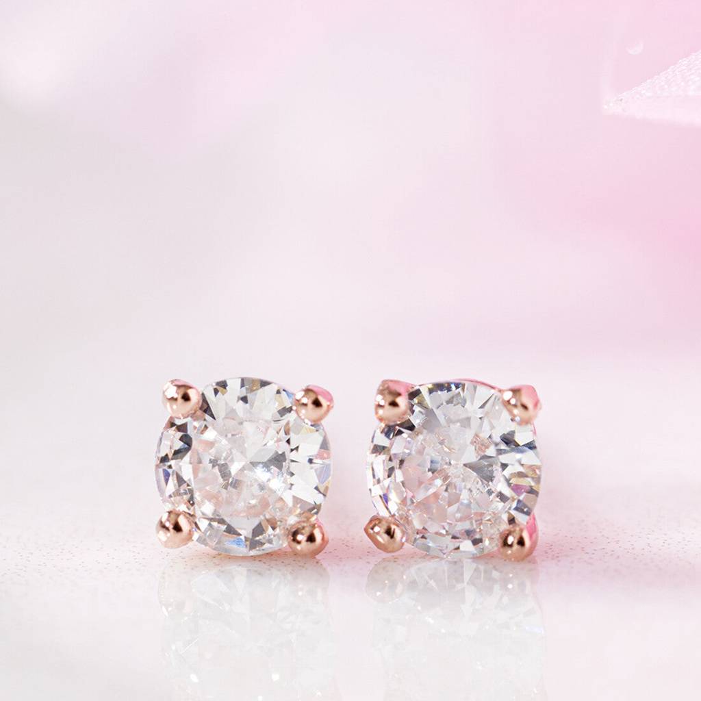 Sensational Solitaire 925 Silver Earrings In Rose Gold : EAR-20146