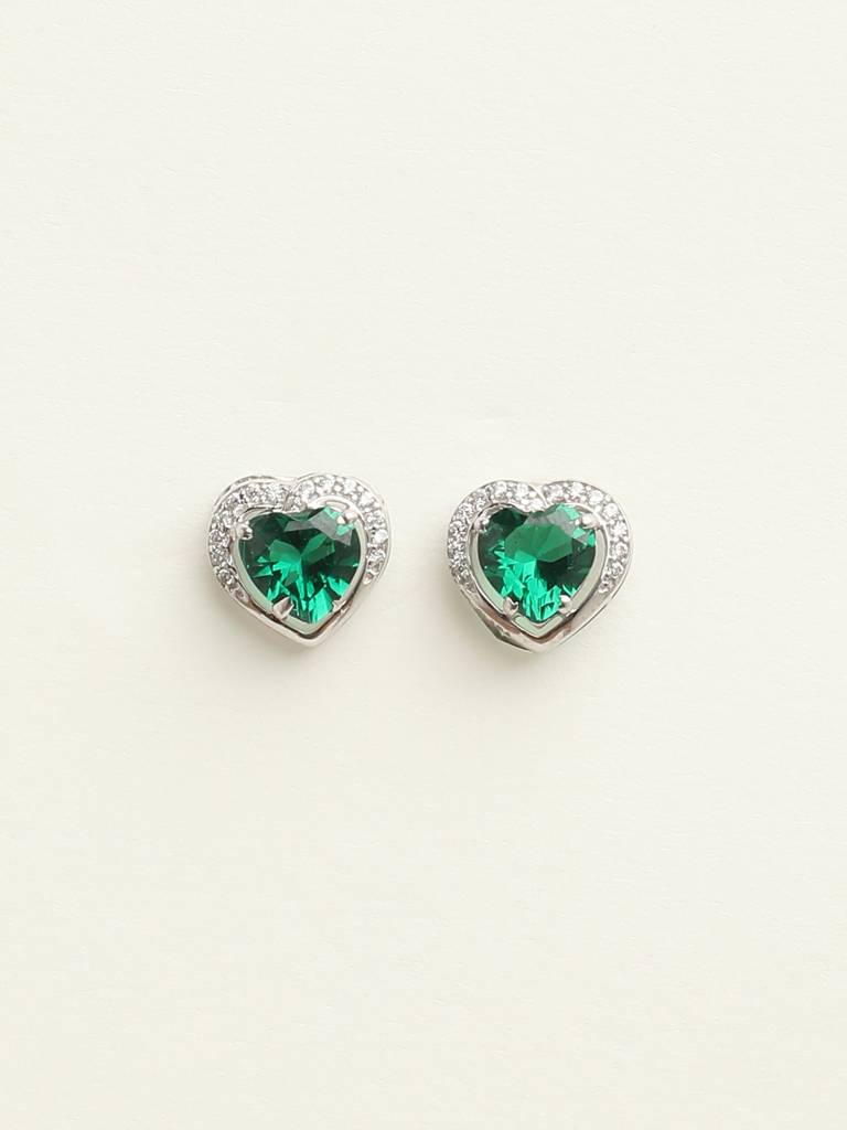 92.5 Sterling Silver Rhodium Plated Swiss Zirconia Dark Green Heart Stud Earrings With Screw Back Gift For Wome : CSCLRE1HT_EM
