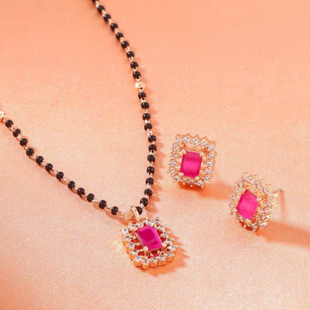 Estele Rose Gold Plated Cz Square Designer Mangalsutra Necklace Set With Ruby Stone For Women