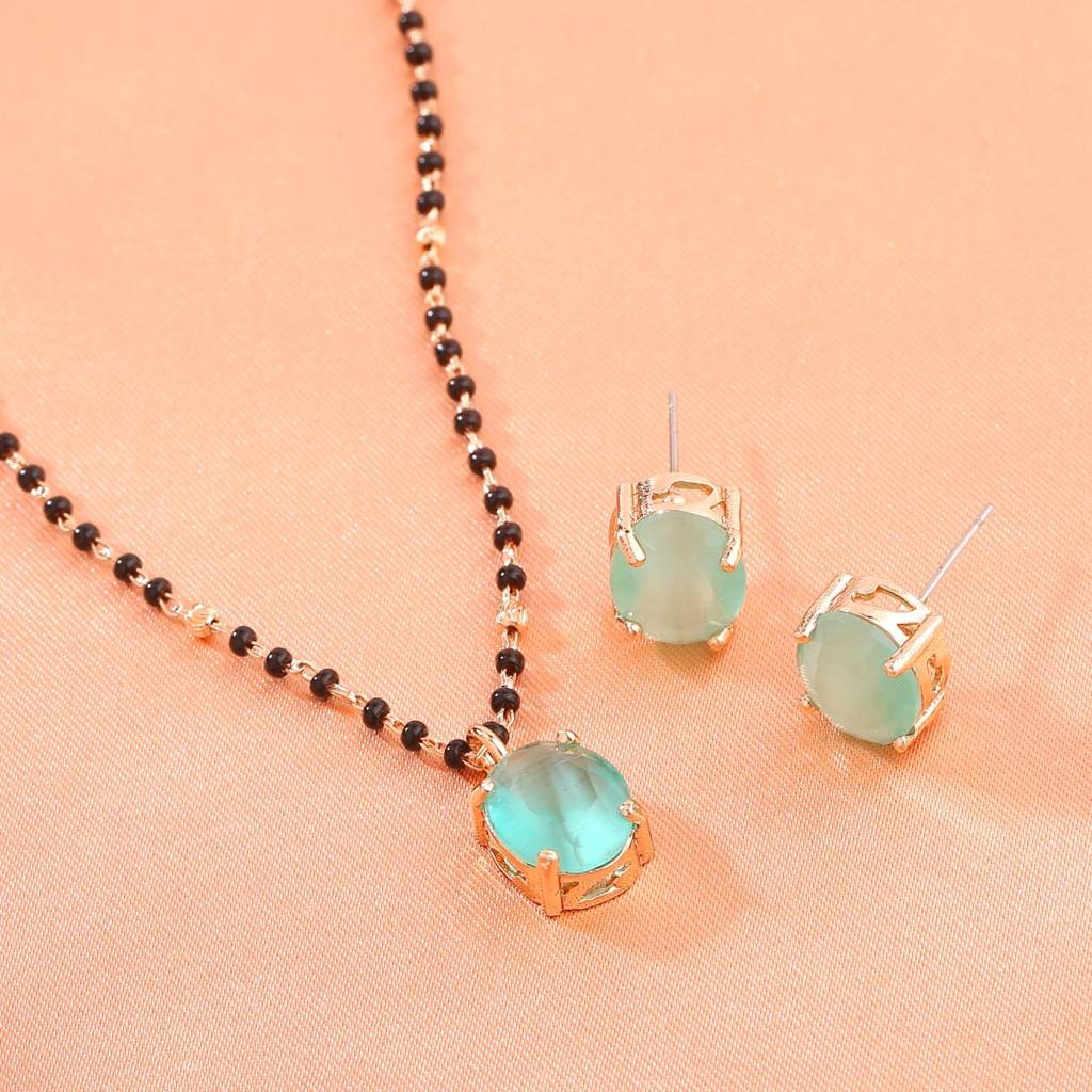 Estele Rose Gold Plated Cz Round Designer Necklace Set With Mint Green Stones For Women