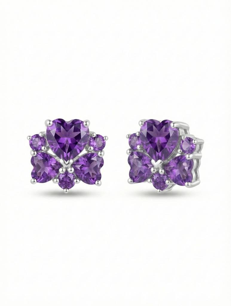 Kicky & Perky Heart-Shaped Natural Amethyst Floral Stud Earrings In 925 Sterling Silver : VSILSME040_A
