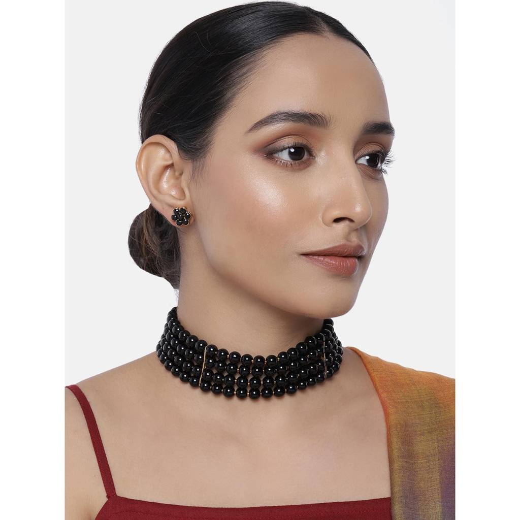 Peora Gold Plated Pearl Beaded Choker Necklace With Stud Earrings For Women Traditional Stylish Jewellery Set (B : PF26N1402BL