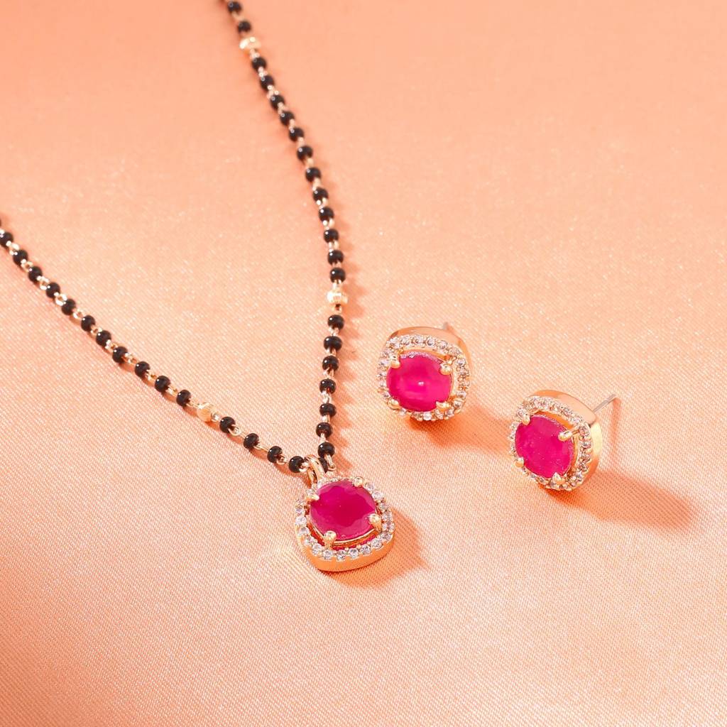 Estele Rose Gold Plated Cz Sparkling Mangalsutra Necklace Set With Ruby Stones For Women
