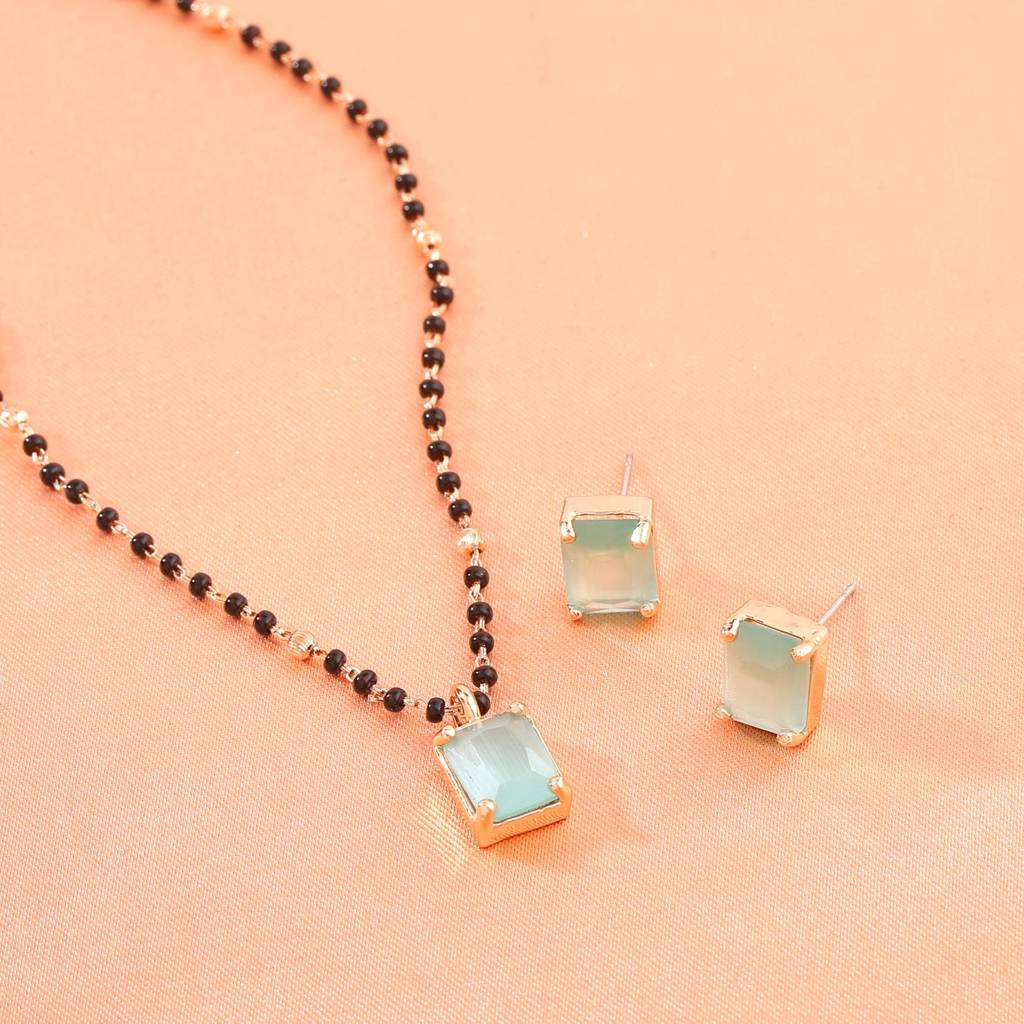 Estele Rose Gold Plated Cz Mangalsutra Necklace Set With Mint Green Stones For Women