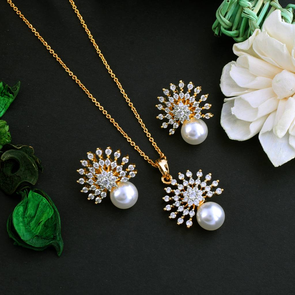 Eternal Pearl Pendant Set With Chain And Earrings : PJPENGPCZ32