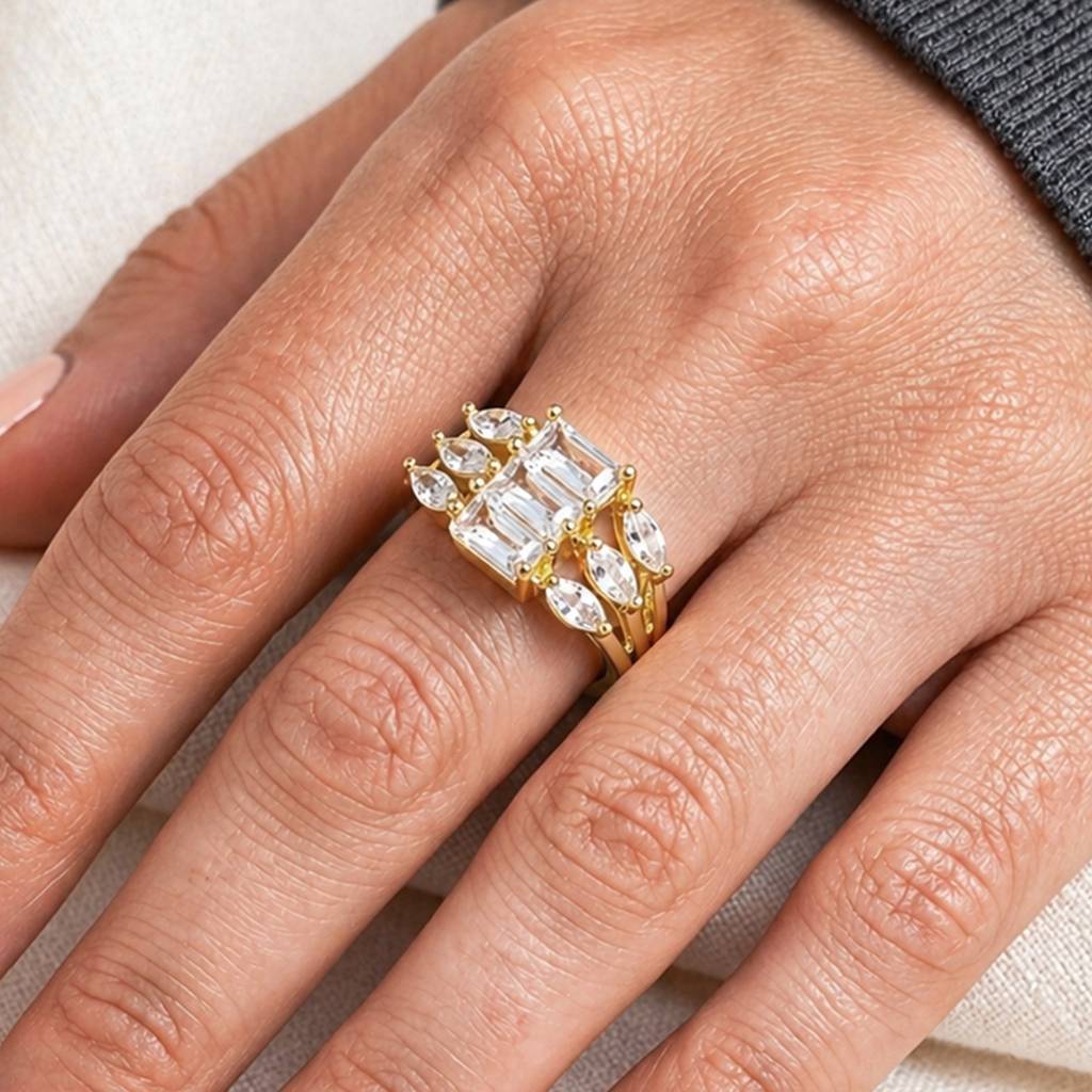 Royal Emerald Cut Crystal Statement Gold Anti-Tarnish Ring For Women : HSPS60MB1822