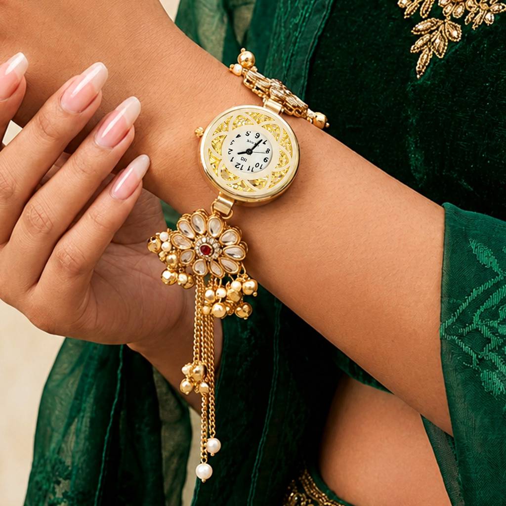 Gold Floral Bracelet Watch With White Kundan Petals & Adjustable Chain : JW-HSPS60MB2259