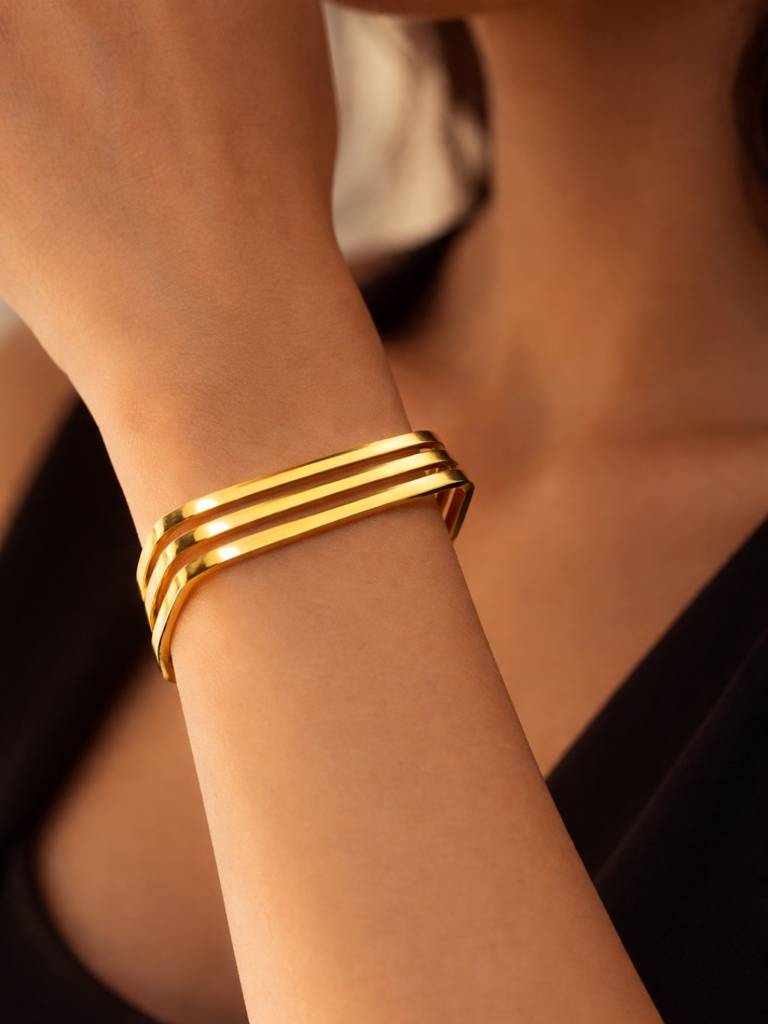 18K Gold Tri-Line Open Cuff Bracelet | Anti Tarnish Stainless Steel : ATB864TSCB