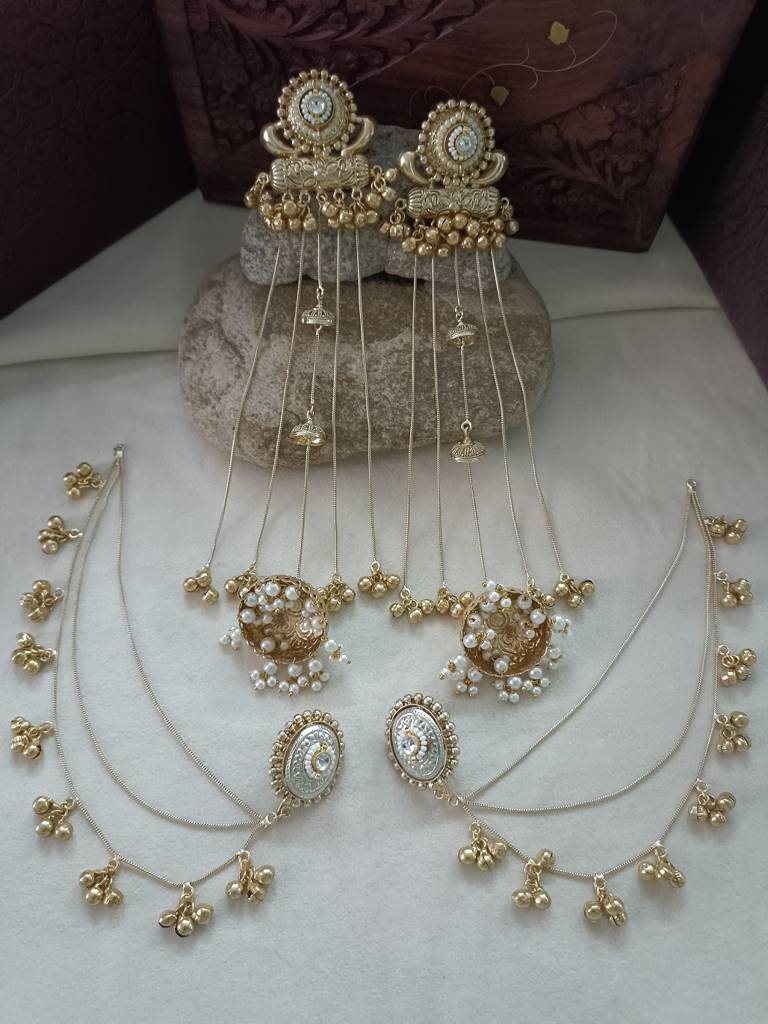Gold-Plated Kashmiri Long Jhumka Earrings With Matching Ear Chains : VS105381