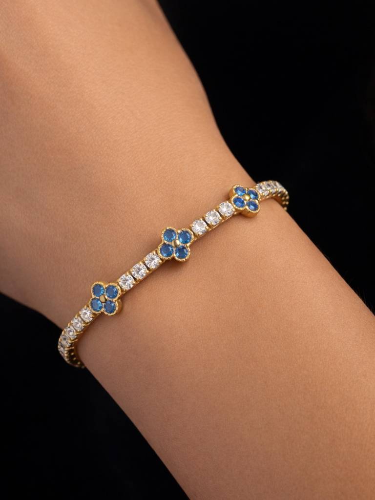 Blue & Gold Clover Cz Tennis Bracelet | Anti-Tarnish & Water Resistant : S925B744BGCSB