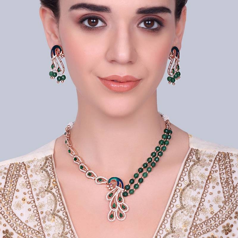 Rose Gold Plated Peacock Necklace Set With Green Beads & White Cz Stones | Festive & Wedding Wear : AD-916-RGGNNKER