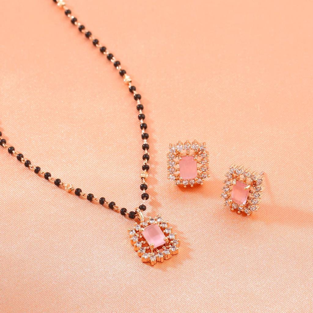 Estele Rose Gold Plated Cz Mangalsutra Necklace Set With Mint Pink Stones For Women