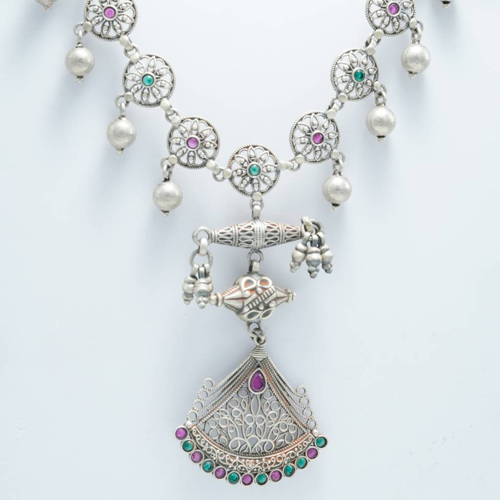 925 Pure Silver Antique Elegant Necklace | Oxidized Silver Long Coin Necklace : NL1025A